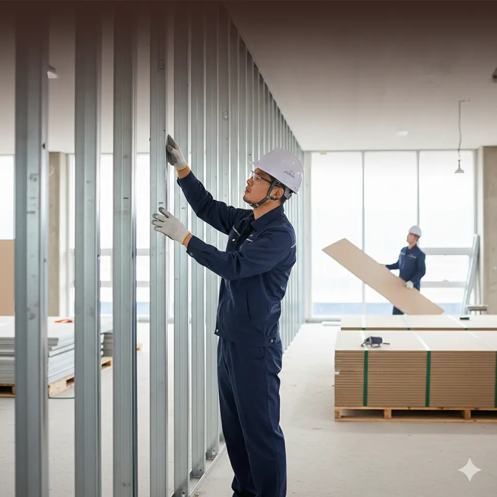 벽체 시공 중인 한국인 기술자